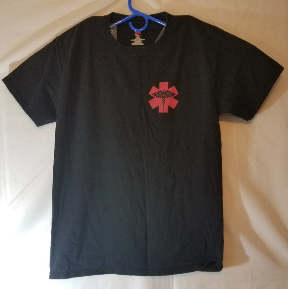 Black Graphic Crewneck T-Shirt with Red Medical Star Emblem